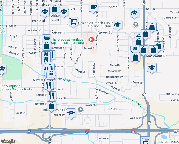map of restaurants, bars, coffee shops, grocery stores, and more near 401 Mathilda Drive in Sulphur