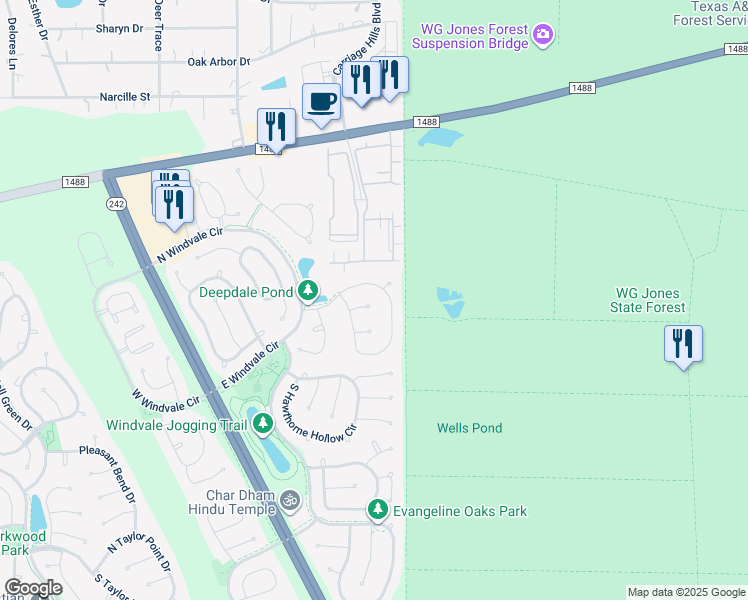 map of restaurants, bars, coffee shops, grocery stores, and more near 10 Silk Tree Place in Conroe