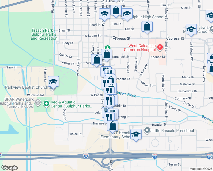 map of restaurants, bars, coffee shops, grocery stores, and more near 1605 Ruth Street in Sulphur