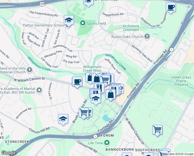 map of restaurants, bars, coffee shops, grocery stores, and more near 4527 Langtry Lane in Austin