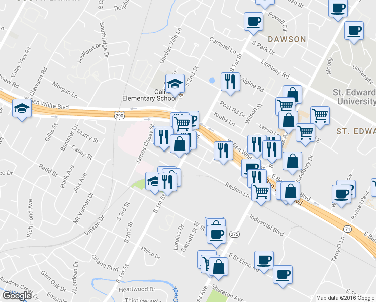 map of restaurants, bars, coffee shops, grocery stores, and more near S 1st St & Normandy St in Austin