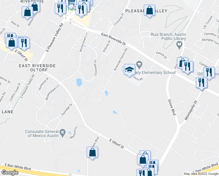 map of restaurants, bars, coffee shops, grocery stores, and more near 2311 Riverside Farms Road in Austin
