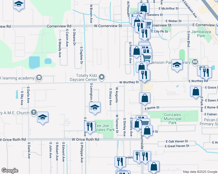 map of restaurants, bars, coffee shops, grocery stores, and more near 1027 South Stacy Avenue in Gonzales