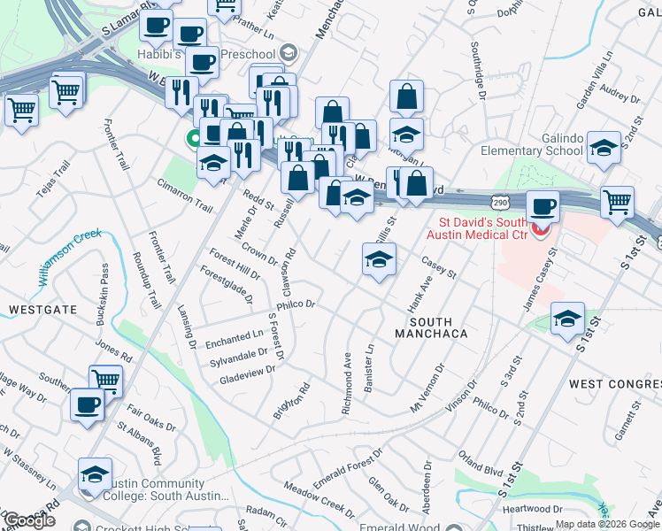 map of restaurants, bars, coffee shops, grocery stores, and more near 4424 Diane Drive in Austin
