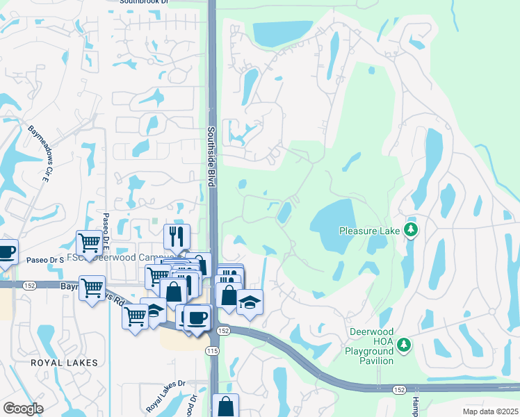 map of restaurants, bars, coffee shops, grocery stores, and more near 8004 Hollyridge Road in Jacksonville