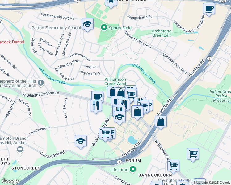 map of restaurants, bars, coffee shops, grocery stores, and more near 6500 Brush Country Road in Austin