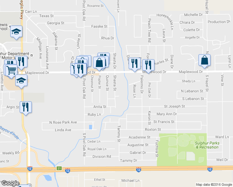 map of restaurants, bars, coffee shops, grocery stores, and more near 1518 Shasta St in Sulphur