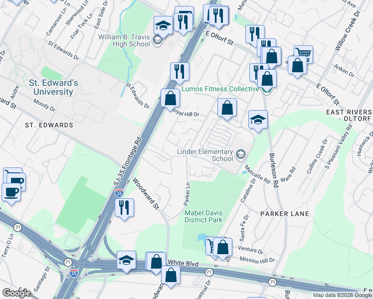 map of restaurants, bars, coffee shops, grocery stores, and more near 3001 Timber Lane in Austin