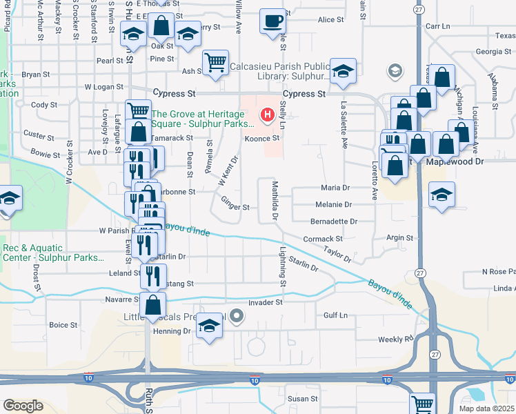 map of restaurants, bars, coffee shops, grocery stores, and more near 401 Mathilda Drive in Sulphur