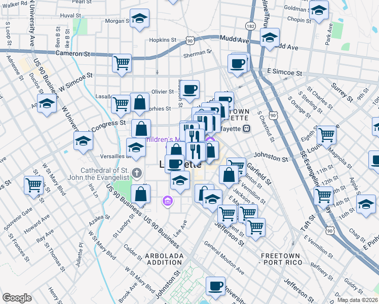 map of restaurants, bars, coffee shops, grocery stores, and more near 532 Jefferson Street in Lafayette