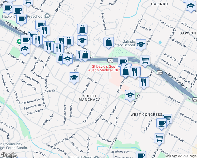 map of restaurants, bars, coffee shops, grocery stores, and more near 4316 Jinx Avenue in Austin