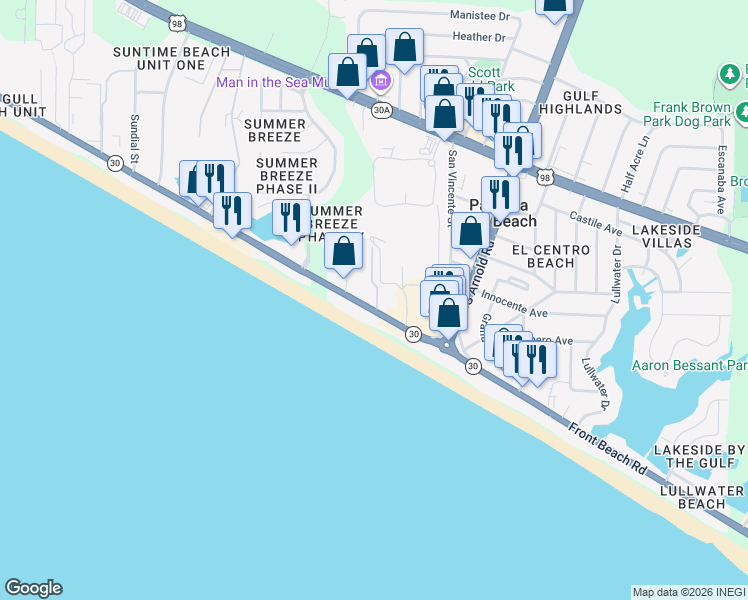 map of restaurants, bars, coffee shops, grocery stores, and more near 17214 Front Beach Road in Panama City Beach