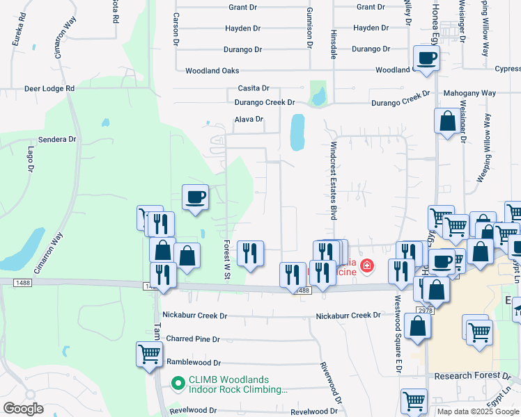 map of restaurants, bars, coffee shops, grocery stores, and more near 33119 Cottonwood Bend in Magnolia