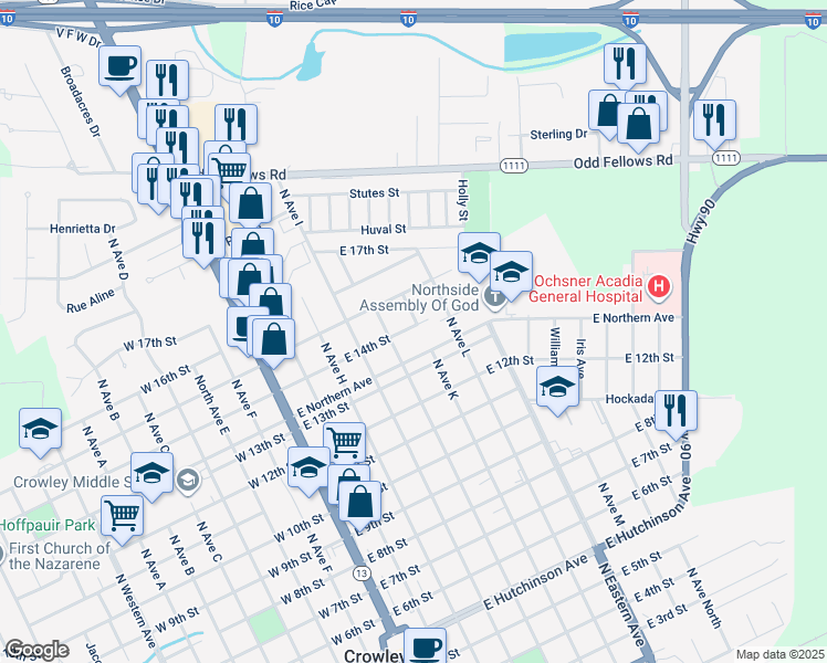 map of restaurants, bars, coffee shops, grocery stores, and more near 526 East 14th Street in Crowley