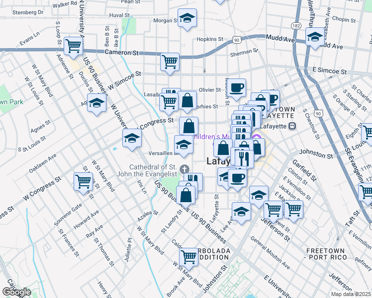 map of restaurants, bars, coffee shops, grocery stores, and more near 102 Versailles Boulevard in Lafayette
