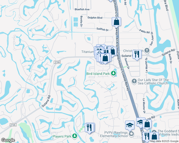 map of restaurants, bars, coffee shops, grocery stores, and more near 600 Sandiron Circle in Ponte Vedra Beach
