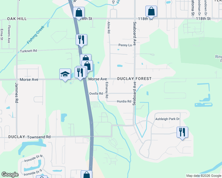 map of restaurants, bars, coffee shops, grocery stores, and more near 5825 Ovella Road in Jacksonville