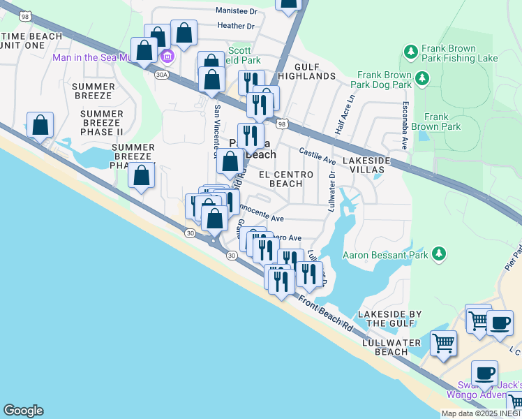 map of restaurants, bars, coffee shops, grocery stores, and more near 501 Granada Circle in Panama City Beach