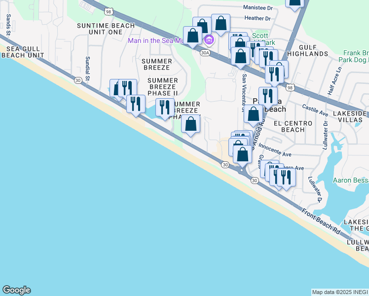 map of restaurants, bars, coffee shops, grocery stores, and more near 17283 Front Beach Road in Panama City Beach