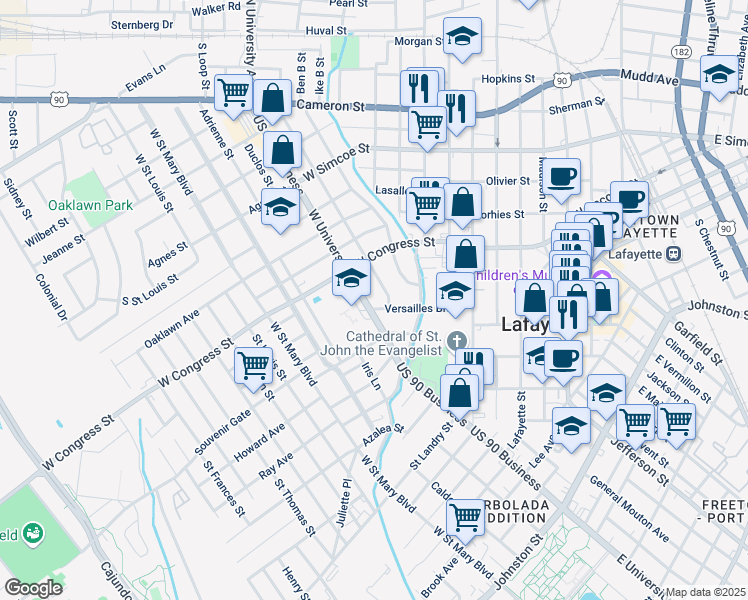 map of restaurants, bars, coffee shops, grocery stores, and more near 302 Versailles Boulevard in Lafayette
