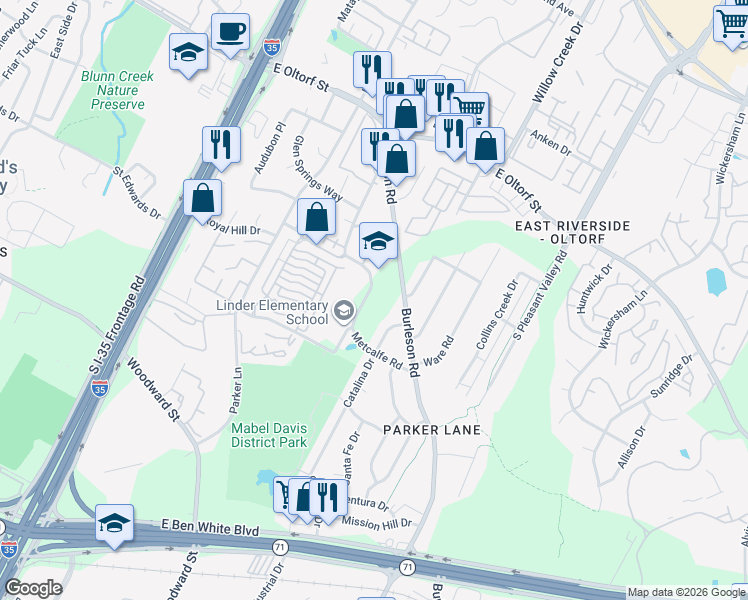 map of restaurants, bars, coffee shops, grocery stores, and more near 2817 Metcalfe Road in Austin