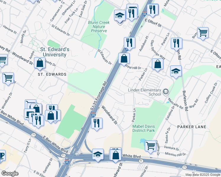 map of restaurants, bars, coffee shops, grocery stores, and more near 3209 North Interstate 35 Frontage Road in Austin