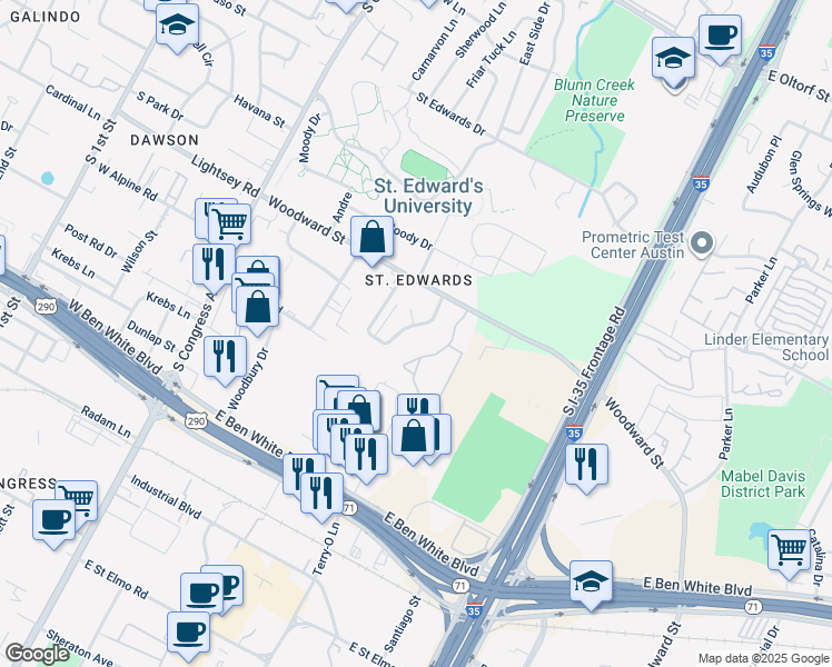 map of restaurants, bars, coffee shops, grocery stores, and more near 3464 Willowrun Drive in Austin
