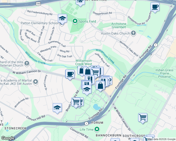 map of restaurants, bars, coffee shops, grocery stores, and more near 4527 Langtry Lane in Austin