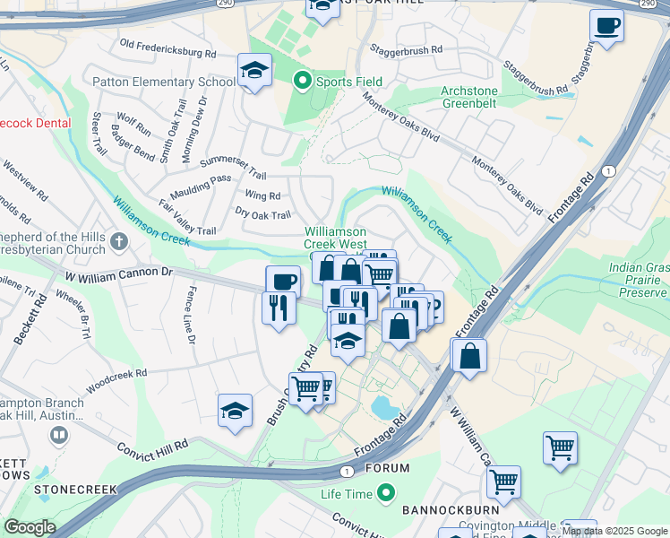 map of restaurants, bars, coffee shops, grocery stores, and more near 6500 Brush Country Road in Austin