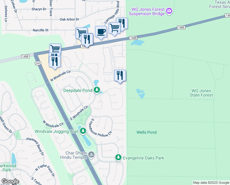 map of restaurants, bars, coffee shops, grocery stores, and more near 10 Silk Tree Place in Conroe