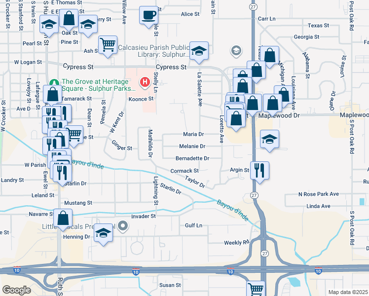 map of restaurants, bars, coffee shops, grocery stores, and more near 1009 Melanie Dr in Sulphur