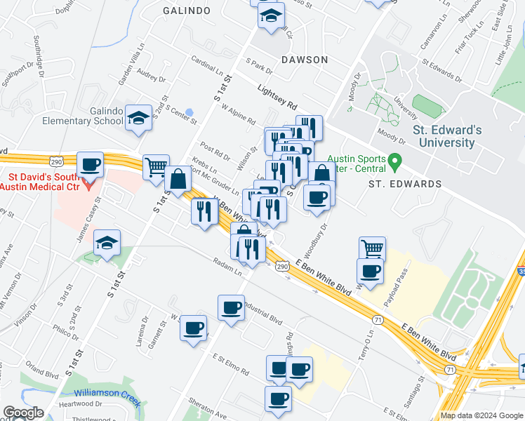 map of restaurants, bars, coffee shops, grocery stores, and more near 3813 Wadford Street in Austin