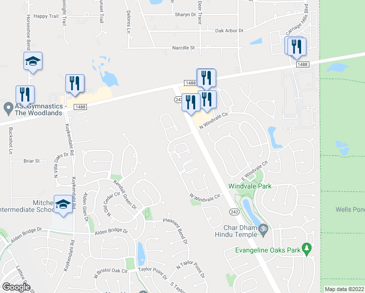 map of restaurants, bars, coffee shops, grocery stores, and more near 115 North Camellia Grove Circle in Spring