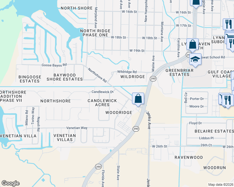map of restaurants, bars, coffee shops, grocery stores, and more near 499 Candlewick Drive in Panama City