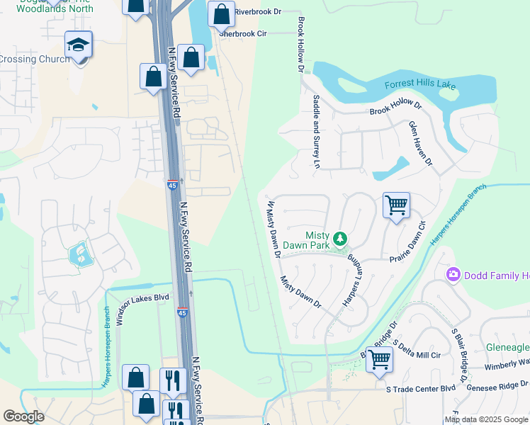 map of restaurants, bars, coffee shops, grocery stores, and more near 190 West Misty Dawn Drive in Conroe