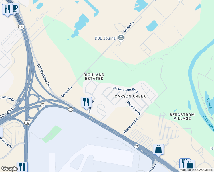 map of restaurants, bars, coffee shops, grocery stores, and more near 9312 Carson Creek Boulevard in Del Valle