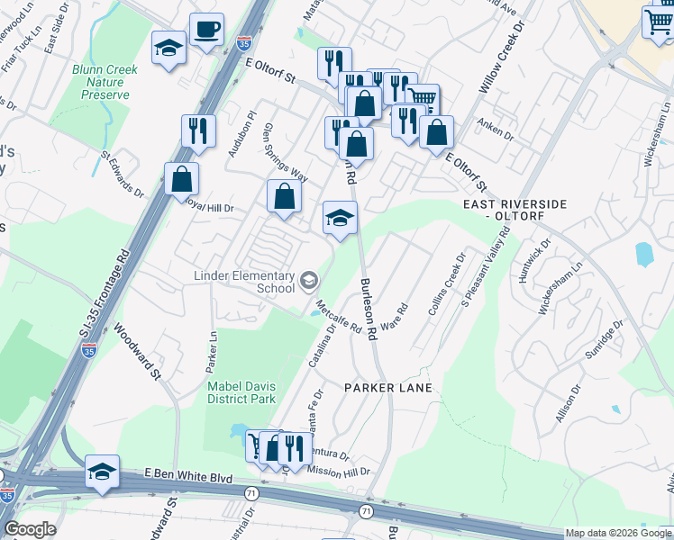 map of restaurants, bars, coffee shops, grocery stores, and more near 2817 Metcalfe Road in Austin