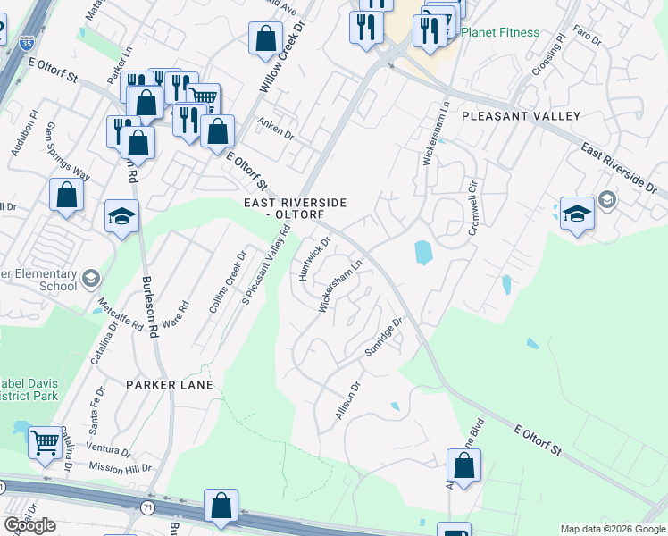 map of restaurants, bars, coffee shops, grocery stores, and more near 2502 Wickersham Lane in Austin