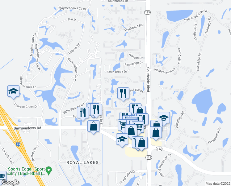 map of restaurants, bars, coffee shops, grocery stores, and more near 1904 Wood Hill Place in Jacksonville