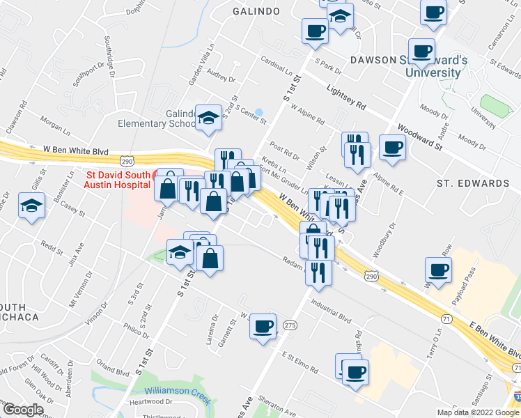 map of restaurants, bars, coffee shops, grocery stores, and more near 429 West Ben White Boulevard in Austin