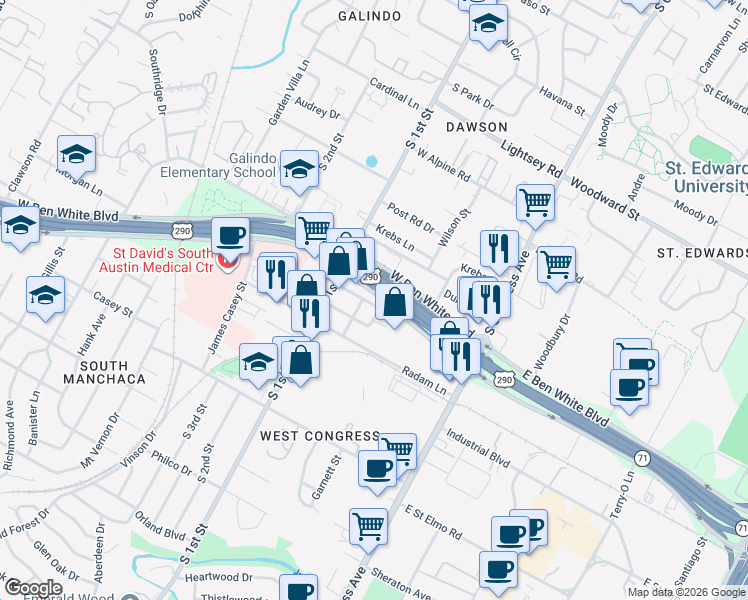map of restaurants, bars, coffee shops, grocery stores, and more near 429 West Ben White Boulevard in Austin