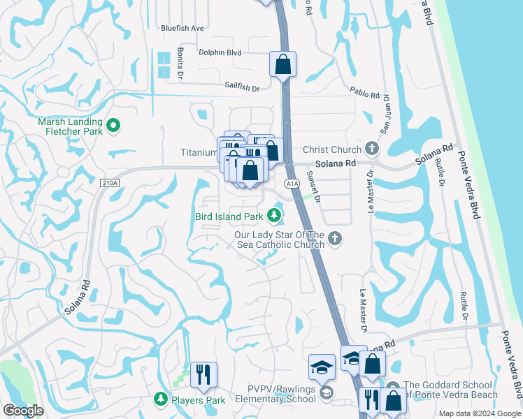 map of restaurants, bars, coffee shops, grocery stores, and more near 213 La Pasada Circle East in Ponte Vedra Beach
