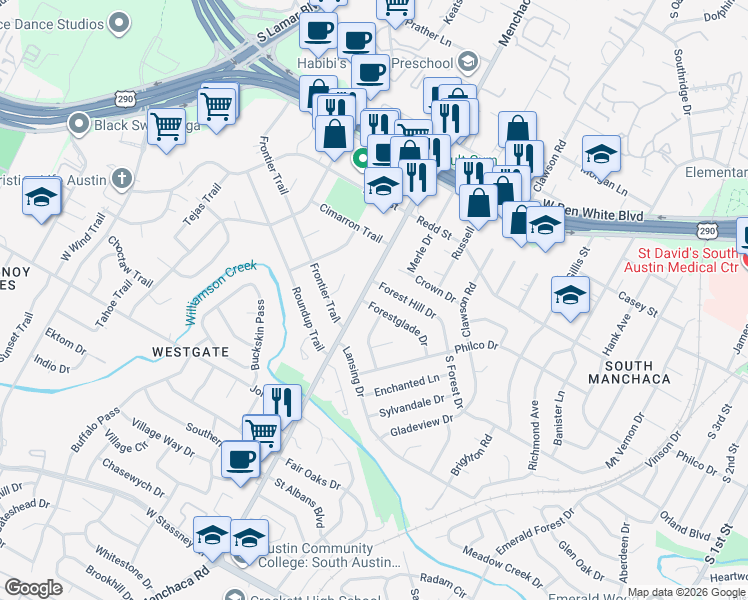 map of restaurants, bars, coffee shops, grocery stores, and more near 1904 Forestglade Drive in Austin