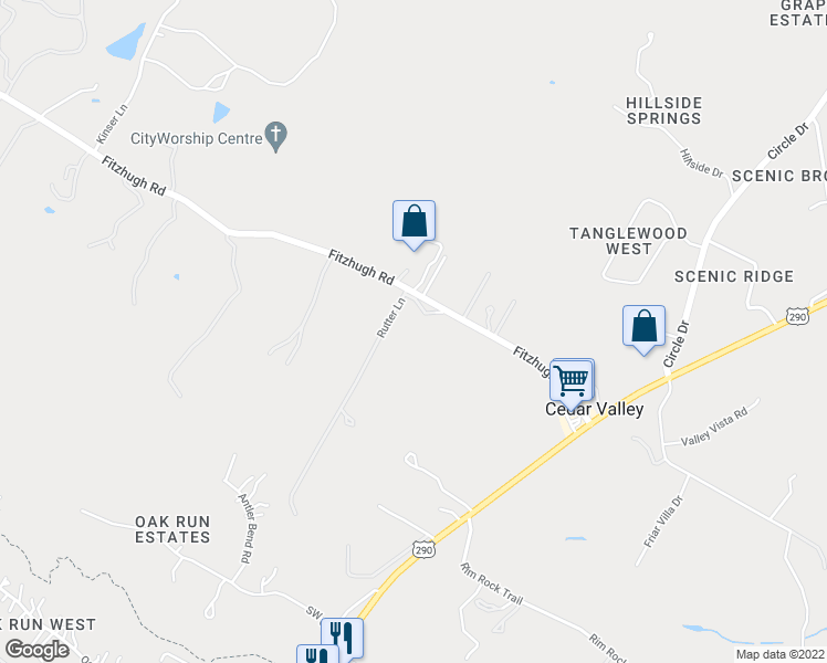 map of restaurants, bars, coffee shops, grocery stores, and more near 11097 Fitzhugh Road in Austin