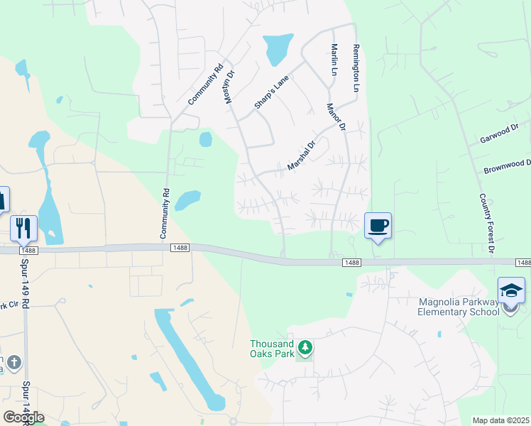 map of restaurants, bars, coffee shops, grocery stores, and more near 12707 Winchester Court in Magnolia