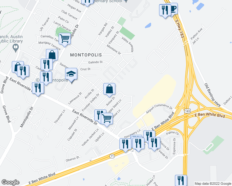 map of restaurants, bars, coffee shops, grocery stores, and more near 1412 Anise Drive in Austin