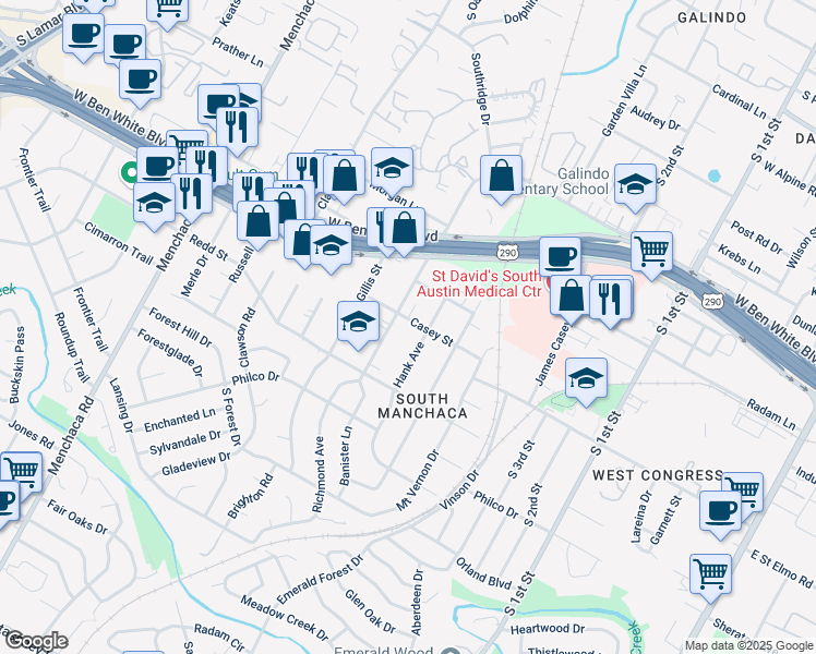 map of restaurants, bars, coffee shops, grocery stores, and more near 1207 Casey Street in Austin