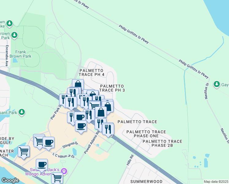 map of restaurants, bars, coffee shops, grocery stores, and more near 100 Middleburg Drive in Panama City Beach