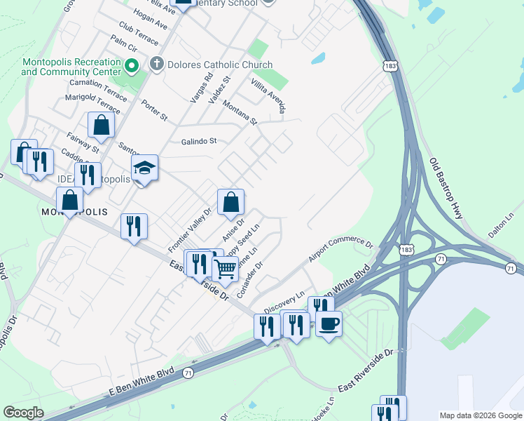 map of restaurants, bars, coffee shops, grocery stores, and more near 1308 Anise Drive in Austin
