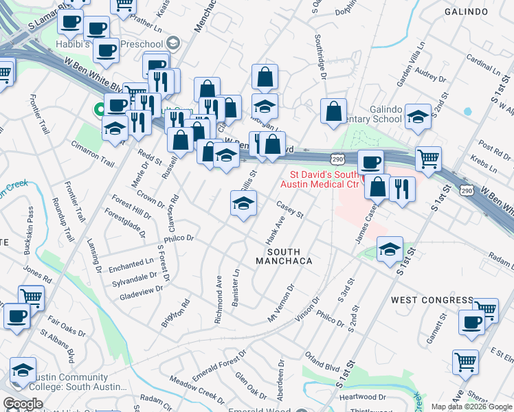 map of restaurants, bars, coffee shops, grocery stores, and more near 4406 Banister Lane in Austin